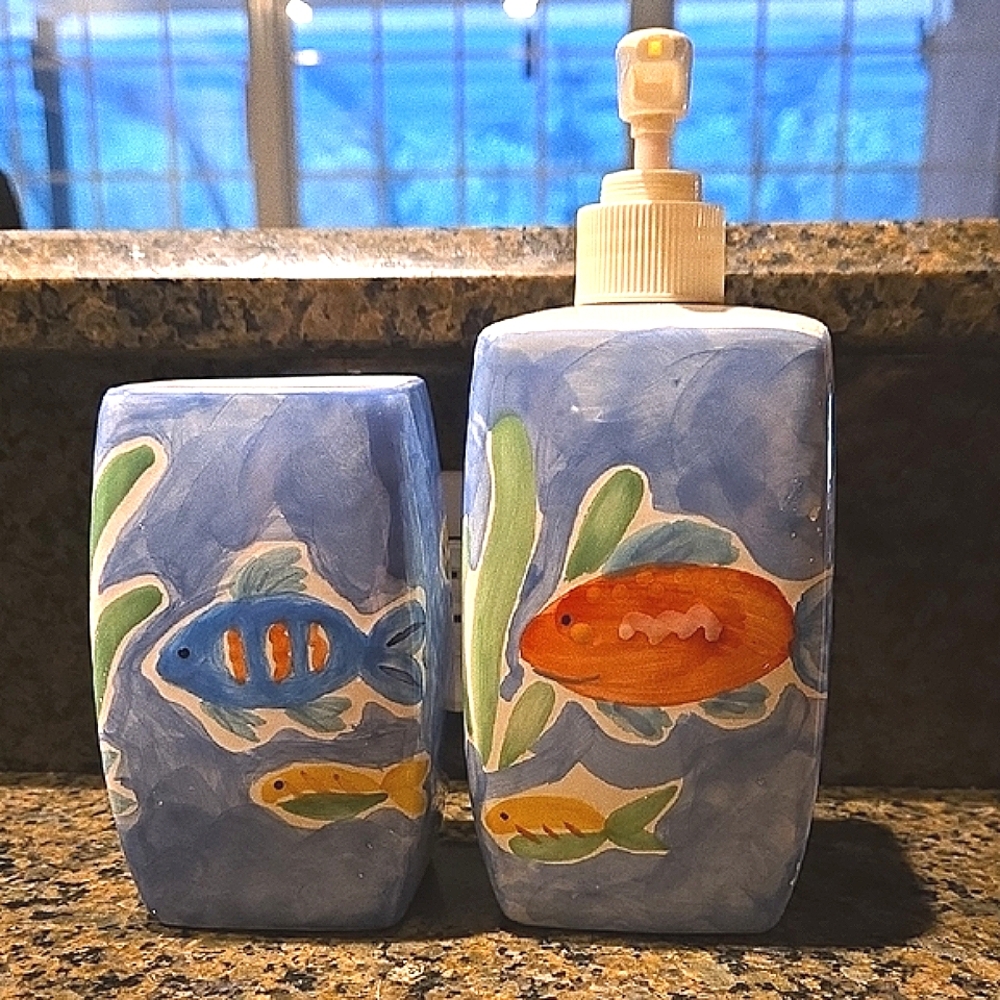 Colorful Ceramic Fish Soap Dispenser and Holder Set